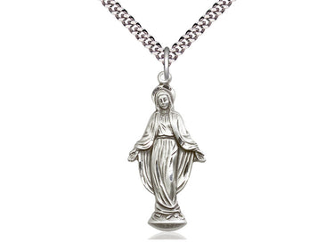 Large sterling silver Miraculous Medal necklace 1 3/8 inches with 24 inch chain by Bliss Manufacturing