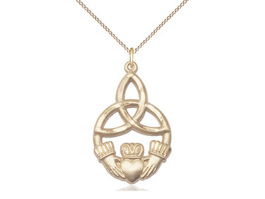 Large 14kt gold filled Irish Claddagh pendant necklace with Celtic knot design, 1 1/4 x 3/4 inch pendant on 18 inch chain by Bliss Manufacturing