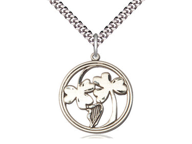 Sterling silver Irish shamrock and harp pendant necklace, 7/8 inch, 24 inch chain, handcrafted by Bliss Manufacturing USA