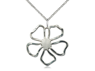 Sterling Silver Five Petal Flower Catholic Necklace 1x1 inch pendant on 18 inch curb chain by Bliss Manufacturing