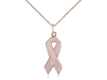 Gold Filled Pink Cancer Awareness Ribbon Necklace 7/8 x 1/4 inch with 18 inch Curb Chain by Bliss