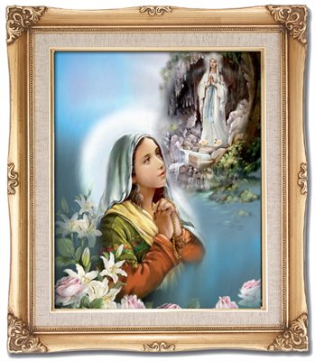 Saint Bernadette framed Catholic wall art 16x20 by Adolfo Simeone in antique gold wood frame with linen print