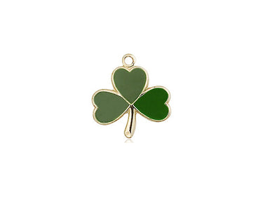 14kt solid gold small Shamrock Catholic medal pendant handcrafted by Bliss Manufacturing USA