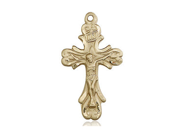 14kt solid gold Catholic crucifix pendant 1 inch by half inch medium size handcrafted in USA by Bliss Manufacturing