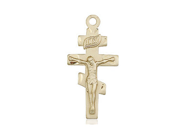 14kt solid gold Catholic crucifix pendant 1 inch by half inch medium size handcrafted in USA by Bliss Manufacturing