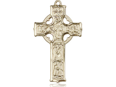 14kt Solid Gold Large Celtic Cross Pendant 1-3/8x3/4 inch with knotwork detail by Bliss Manufacturing