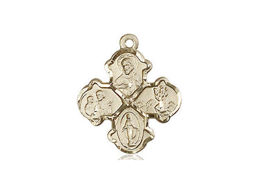 14kt solid gold medium Four-Way Medal pendant 3/4 x 5/8 inches featuring Sacred Heart, St. Christopher, Miraculous Medal and St. Joseph, handcrafted by Bliss Manufacturing