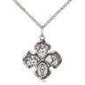 Sterling silver medium Four-Way Medal necklace 3/4 x 5/8 inches with 18 inch curb chain featuring Sacred Heart, St. Christopher, Miraculous Medal and St. Joseph, handcrafted by Bliss