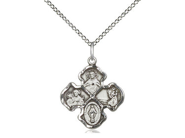 Sterling silver medium Four-Way Medal necklace 3/4 x 5/8 inches with 18 inch curb chain featuring Sacred Heart, St. Christopher, Miraculous Medal and St. Joseph, handcrafted by Bliss