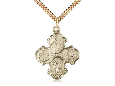 Large 14kt gold filled Four-Way Medal necklace 1 1/4 x 1 inch with 24 inch curb chain featuring Sacred Heart, St. Christopher, Miraculous Medal and St. Joseph, handcrafted by Bliss