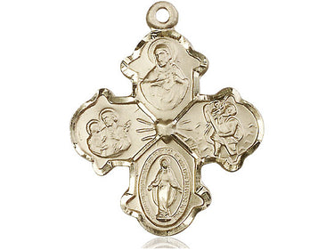 Large 14kt solid gold Four-Way Medal pendant, 1 1/4 x 1 inch, handcrafted by Bliss Manufacturing