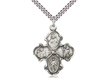 Large sterling silver Four-Way Medal necklace 1 1/4 x 1 inch with 24 inch curb chain featuring Sacred Heart, St. Christopher, Miraculous Medal and St. Joseph, handcrafted by Bliss
