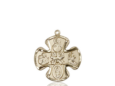 14kt solid gold Five-Way Medal pendant featuring Sacred Heart, Miraculous Medal, St. Joseph, St. Christopher, and Holy Spirit - 1 1/8 inch by Bliss