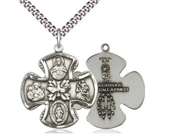Sterling silver Five-Way Medal necklace 1 1/8 inch on 24 inch curb chain featuring Sacred Heart and four saints by Bliss