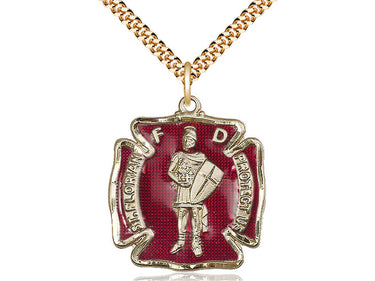 14kt Gold Filled St. Florian Patron Saint Medal Necklace with Red Epoxy - 1 1/8 x 1 inch pendant on 24 inch chain - Bliss USA