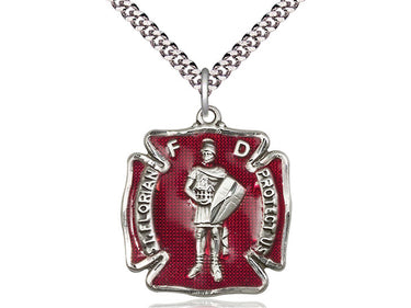 Sterling Silver St. Florian Patron Saint Medal Necklace with Red Epoxy 1 1/8 x 1 inch 24 inch Chain Bliss