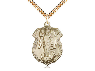 14kt gold filled St. Michael Archangel patron saint medal necklace, 1 1/4 x 7/8 inch large pendant, 24-inch chain, Bliss Manufacturing USA
