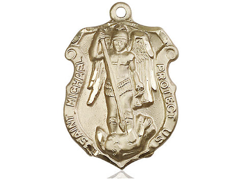 14kt solid gold St. Michael Archangel patron saint medal pendant, 1 1/4 x 7/8 inch large size, hand-finished by Bliss Manufacturing USA