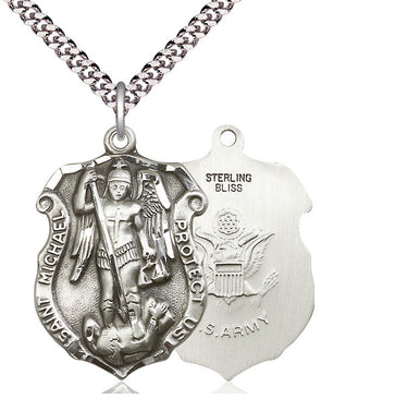 Large sterling silver St. Michael the Archangel medal necklace 1.25 x 0.875 inches on 24 inch curb chain by Bliss