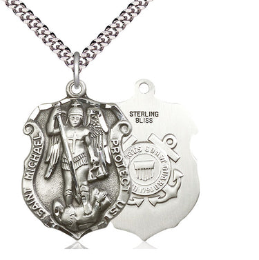 Sterling silver St. Michael medal necklace with 1.25 inch pendant and 24 inch curb chain by Bliss