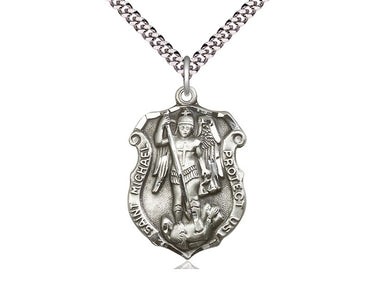 Sterling silver St. Michael Archangel patron saint medal necklace, 1 1/4 x 7/8 inch large pendant, 24-inch chain, Bliss Manufacturing USA