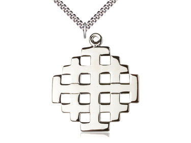 Large sterling silver Catholic cross necklace with 1¾×1½ inch pendant on 24 inch curb chain handmade by Bliss