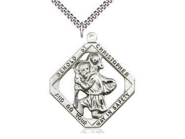 Large sterling silver St. Christopher patron saint medal necklace with 24 inch chain by Bliss