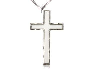 Extra large sterling silver Catholic cross necklace with 3×1¾ inch pendant on 24 inch curb chain handmade by Bliss