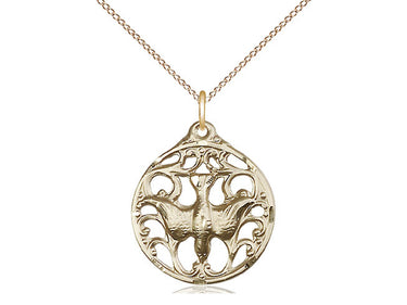 14kt Gold Filled Holy Spirit pendant necklace with dove design, 3/4 inch medal on 18 inch chain by Bliss Manufacturing
