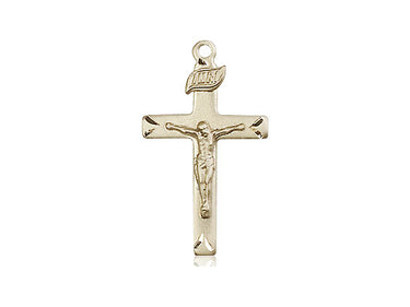 14kt Solid Gold Catholic Crucifix Medal 7/8 inch by 1/2 inch medium pendant handcrafted by Bliss Manufacturing USA