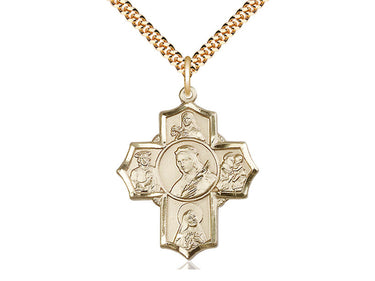 14kt gold filled large five-way medal necklace 1-1/4 x 1 inch St Philomena Therese Rita Anthony Jude 24 inch chain handcrafted by Bliss Manufacturing USA