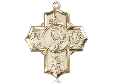 14kt solid gold large five-way medal pendant 1-1/4 x 1 inch St Philomena Therese Rita Anthony Jude handcrafted by Bliss Manufacturing USA