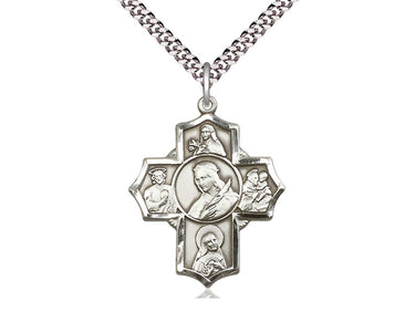 Sterling silver large five-way medal necklace 1-1/4 x 1 inch St Philomena Therese Rita Anthony Jude 24 inch chain handcrafted by Bliss Manufacturing USA
