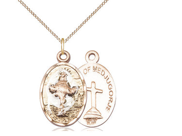 14kt gold filled Our Lady of Medjugorje Catholic medal necklace with 18 inch chain, 7/8 x 1/2 inch pendant, handcrafted by Bliss Manufacturing
