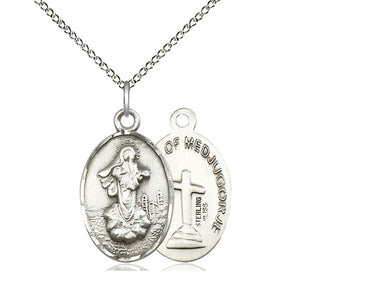 Sterling silver Our Lady of Medjugorje Catholic medal necklace with 18 inch chain, 7/8 x 1/2 inch pendant, handcrafted by Bliss Manufacturing