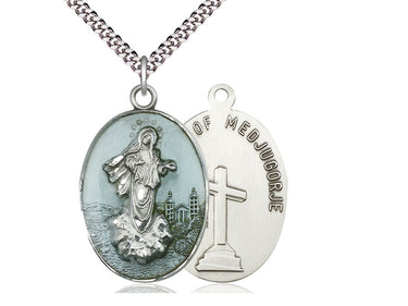 Large Sterling Silver Medjugorje Our Lady Pendant Necklace 1 3/8 x 7/8 inch with 24 inch Chain Bliss USA