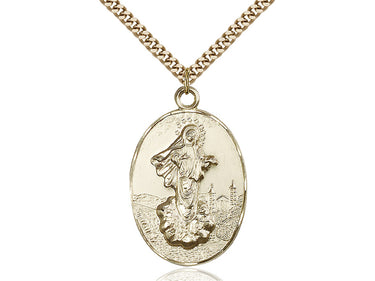 Large 14kt gold filled Our Lady of Medjugorje Catholic medal necklace with 24 inch chain, 1 3/8 x 7/8 inch pendant, handcrafted by Bliss Manufacturing