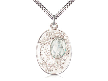 Large Sterling Silver Miraculous Medal Necklace with 1 3/8 x 7/8 inch pendant on 24 inch chain by Bliss