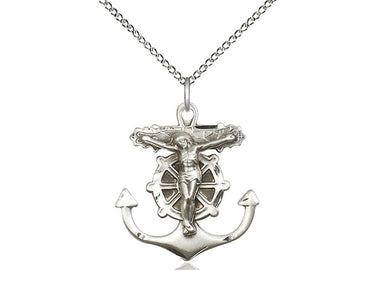 Sterling Silver Anchor Crucifix Necklace with detailed anchor base design, 1 inch pendant on 18 inch chain, handmade by Bliss