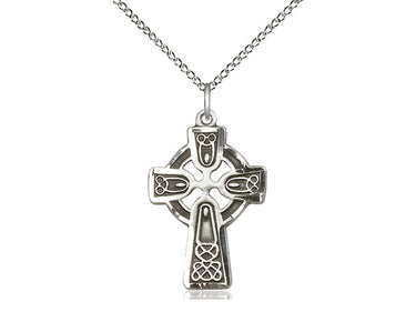 Sterling Silver Medium Celtic Cross Necklace with 18 inch curb chain, handcrafted by Bliss Manufacturing USA