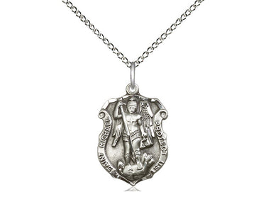 Sterling silver St. Michael the Archangel patron saint medal necklace, 3/4 x 1/2 inch pendant on 18 inch curb chain, handcrafted by Bliss Manufacturing USA