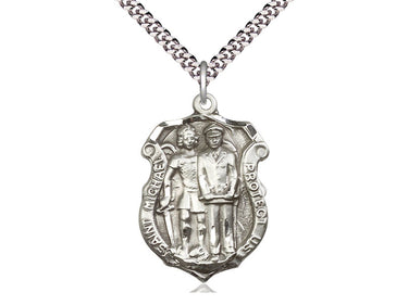 Large sterling silver St. Michael the Archangel patron saint medal necklace, 1-1/4 x 7/8 inch pendant on 24 inch curb chain, handcrafted by Bliss USA