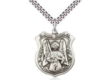 Sterling Silver St. Michael the Archangel Medal Necklace 1x7/8 inches medium pendant with 24 inch curb chain by Bliss Manufacturing