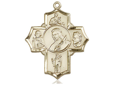 14kt Solid Gold Large Five-Way Medal Pendant 1 1/4 inch featuring St Philomena, St Vianney, St Bosco, St Jude, and St Gerard handcrafted by Bliss