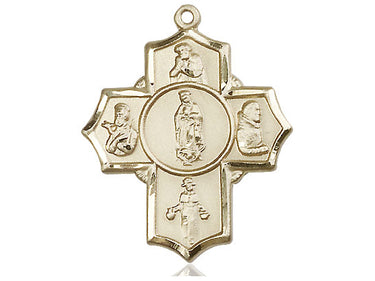 14kt Solid Gold Large Five-Way Medal Pendant 1 1/4 inch featuring Our Lady of Guadalupe, St Juan Diego, St Padre Pio, St Francis Xavier, Santo Nino handcrafted by Bliss