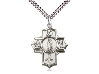Sterling Silver Large Five Patron Saints Medal Necklace featuring Our Lady of Guadalupe, St. Juan Diego, St. Padre Pio, St. Francis Xavier, and Santo Niño with 24 inch chain by Bliss Manufacturing