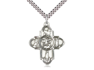 Sterling Silver Our Lady 5-Way Catholic Medal Necklace 1 1/4 inch on 24 inch chain by Bliss Manufacturing