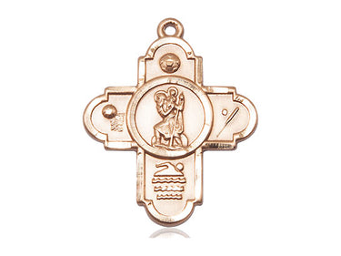 14kt Solid Gold 5-Way St Christopher Sports Medal Pendant 1.125 inch medium size handcrafted by Bliss USA