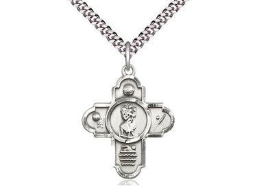 Sterling Silver 5-Way Sports Medal Necklace with St Christopher Patron Saint, 1 1/8 x 7/8 inch pendant on 24 inch chain, handcrafted by Bliss Manufacturing
