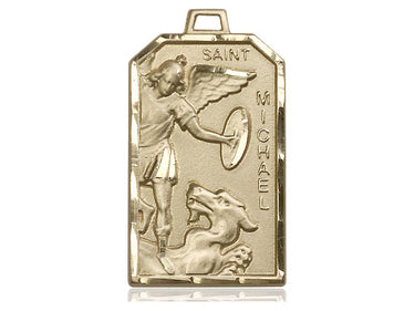14kt solid gold St. Michael the Archangel medal pendant, medium size 1 1/8 x 5/8 inches, handcrafted by Bliss Manufacturing